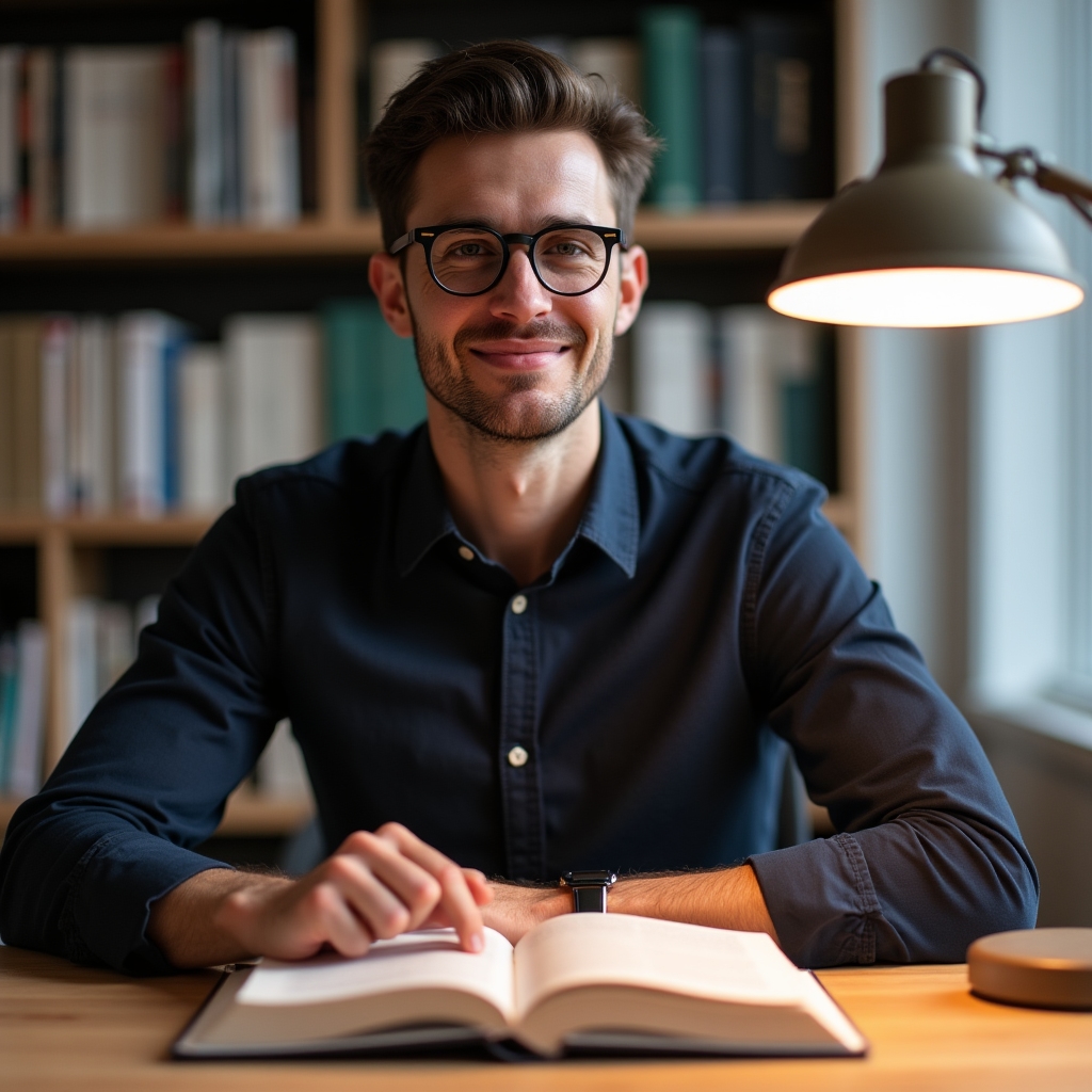 Freundlicher Redakteur mit Brille liest Fachliteratur zu Steuerrecht am Schreibtisch