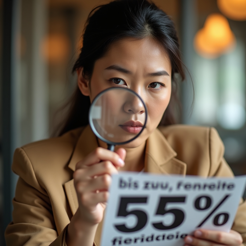 Hand hält Lupe über Werbeanzeige eines Finanzprodukts mit Prozentangaben